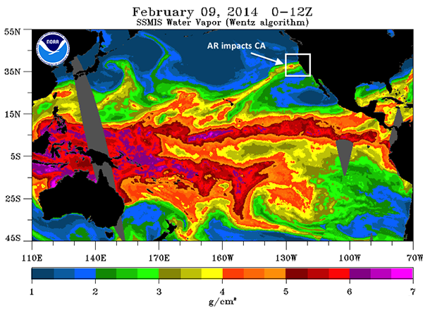 Figure 1. Water vapor image showing an atmospheric river impacting California on February 9, 2014.