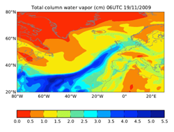 The AR that contributed to serious flooding in Northwest England on 19th November 2009. The image uses total column water vapour (in cm) from the ERA-Interim reanalysis.