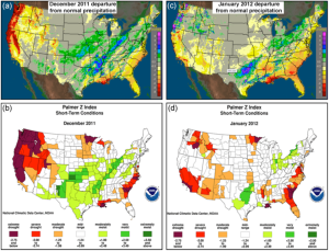 Maps showing observed departure from normal precipitation and departure from normal monthly moisture conditions in the Pacific NW during the winter 2011-2012.