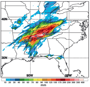 total precipitation 1-3 May 2010 over Kentucky and Tennessee.