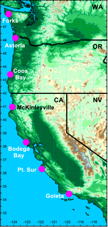 Map of U.S. West Coast states indicating where a combined network of coastal Atmospheric River Observatories will be deployed by September 2015.