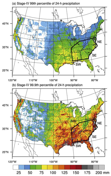 Maps of (a) the 99th percentile and (b) the 99.9th percentile of 24-h precipitation (mm) calculated for all days during 2002–2011 with >0 mm of precipitation. 